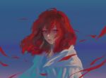  1girl akatsuki_no_yona bad_id bad_twitter_id blue_background coat commentary_request earrings hair_between_eyes jewelry korean_commentary looking_at_viewer medium_hair purple_eyes red_hair solo upper_body white_coat yona_(akatsuki_no_yona) yona_hyeon 