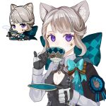  1girl absurdres animal_ear_fluff animal_ears aqua_bow black_capelet black_gloves bow breasts capelet cat_ears chibi cleavage commentary_request drinking facial_mark genshin_impact gloves grey_hair highres long_sleeves looking_at_viewer lynette_(genshin_impact) multiple_views pinky_out purple_eyes short_hair shrug_(clothing) simple_background small_breasts star_(symbol) upper_body wafuu_tsunamayo white_background 
