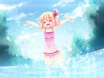  blonde_hair casual_one-piece_swimsuit child closed_eyes fang hair_ribbon kurosu_rino one-piece_swimsuit open_mouth outstretched_arms polka_dot polka_dot_swimsuit ribbon rumia short_hair solo splashing spread_arms swimsuit touhou wading water 