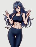 1girl ;) abs bare_arms bare_shoulders blue_eyes blue_hair blue_pants breasts closed_mouth collarbone commentary double_v english_commentary fire_emblem fire_emblem_awakening grey_background hair_between_eyes hands_up highres long_hair looking_at_viewer lucina_(fire_emblem) medium_breasts navel one_eye_closed pants rotomdocs signature simple_background smile solo thigh_gap twitter_username v very_long_hair 