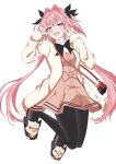  1boy absurdres animal_slippers astolfo_(fate) bag black_pantyhose blush bow double_v fate/grand_order fate_(series) hair_bow hair_intakes handbag highres long_hair looking_at_viewer male_focus open_clothes open_mouth open_shirt otoko_no_ko pantyhose pink_hair slippers smile terafujiryo v 