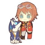  1girl :3 blue_eyes blue_fur brown_hair chain_necklace closed_mouth commentary dog goggles goggles_on_head jewelry medium_hair necklace repede_(tales) rita_mordio simple_background sitting smoking_pipe standing sugara_10 symbol-only_commentary tail tales_of_(series) tales_of_vesperia white_background 