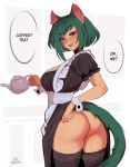  1girl absurdres animal_ears apron artist_name ass ass_focus black_choker black_dress black_thighhighs blush breasts brown_eyes cat_ears cat_girl cat_tail choker clothes_lift dress english_text green_hair green_tail highres holding holding_teapot large_breasts looking_at_viewer looking_back maewix_(artist) maid maid_apron medium_hair mitsuri_(maewix) narrowed_eyes no_panties open_mouth original short_sleeves simple_background smile solo speech_bubble tail teapot teeth thighhighs upper_teeth_only watermark white_apron wrist_cuffs 