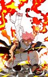  1boy abs absurdres angry arm_up bare_arms blank_eyes closed_mouth coat crack cracked_floor fairy_tail fire flaming_hand floating_clothes floating_hair forehead fringe_trim glowing glowing_eyes grey_coat highres isaacchief300 magic male_focus natsu_dragneel on_one_knee open_clothes open_coat open_hand pants parted_lips pink_hair pose_request pyrokinesis sandals scarf short_hair sleeveless sleeveless_coat smoke solo spiked_hair tattoo teeth toeless_footwear toenails toned underwear white_background white_pants white_scarf wide_shot yellow_trim 