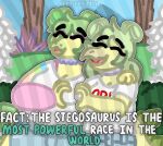 2023 absurd_res anthro artist_name crossover detailed_background digital_drawing_(artwork) digital_media_(artwork) dinosaur duo english_text eyes_closed female goodbye_volcano_high green_hair hair hi_res long_tail open_mouth open_smile opossumvalley ornithischian outside reptile scales scalie short_hair smile snoot_game snout spikes spikes_(anatomy) stegosaurian stegosaurus stella_(gvh) stella_(gvh_beta) tail text thyreophoran watermark yellow_body yellow_scales