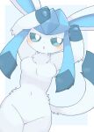 anthro anthrofied blue_body blue_eyes blue_fur blue_hair blush breasts dot_nose eeveelution featureless_breasts featureless_crotch female fluffy fur generation_4_pokemon glaceon hair handpaw hands_above_head hi_res kemono kuzuyu lying navel neck_tuft nintendo nude on_back open_mouth pawpads paws pokemon pokemon_(species) pokemorph small_breasts solo tail tuft