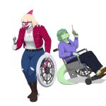 1:1 2024 5_fingers anthro baryonyx blonde_hair blue_eyes boots bottomwear clothing denim denim_bottomwear denim_clothing digital_drawing_(artwork) digital_media_(artwork) dinosaur disability duo eyelashes female fingers footwear freckles green_body green_hair green_scales grey_eyes gun hadrosaurid hair handgun hi_res hoodie i_wani_hug_that_gator jacket jeans long_hair long_tail magenta_body magenta_scales mia_(iwhtg) mikelocesterlanders multicolored_body multicolored_scales olivia_halford open_mouth open_smile ornithischian pants paraplegic parasaurolophus pink_body pink_scales ranged_weapon reptile revolver scales scalie shoes short_hair simple_background sitting slippers smile spiked_tail spikes spikes_(anatomy) spinosaurid stealing tail theropod thick_thighs tools topwear two_tone_body two_tone_scales weapon wheel wheelchair white_background wrench yellow_sclera