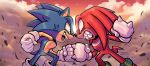  2boys absurdres artist_name clenched_hands cloud face-to-face from_side furry furry_male gloves green_eyes highres knuckles_the_echidna lemon_eyebrows multiple_boys open_mouth outdoors red_eyes sharp_teeth sonic_(series) sonic_the_hedgehog sunset tail teeth white_gloves 