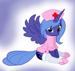  alicorn blue_eyes blue_hair clothing cool_colors cute cutie_mark equine female feral friendship_is_magic hair hasbro horn horse legwear looking_at_viewer mammal my_little_pony nurse nurse_uniform pegacorn plain_background pony princess_luna_(mlp) pyruvate shoes sitting socks solo stockings tail winged_unicorn wings wings_up 