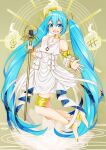  1girl absurdres ankle_cuffs barefoot blue_eyes blue_hair blush choker detached_sleeves dress full_body hair_ornament halter_dress halterneck hatsune_miku highres holding holding_microphone_stand jewelry long_hair looking_at_viewer masumofu microphone microphone_stand necklace open_mouth pearl_necklace sleeveless sleeveless_dress smile solo treble_clef twintails two-sided_fabric v-shaped_eyebrows very_long_hair vocaloid 