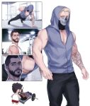  3boys arm_tattoo bara barbell bench_press black_hair black_pants blonde_hair call_of_duty call_of_duty:_modern_warfare_2 exercise facial_hair ghost_(modern_warfare_2) grey_hoodie gym highres holding holding_dumbbell hood hood_up hoodie large_pectorals looking_at_another male_focus mask mouth_mask multiple_boys muscular muscular_male nipple_piercing nipples pants pectorals piercing short_hair sleeveless sleeveless_hoodie soap_(modern_warfare_2) tank_top tattoo weightlifting white_tank_top yaoi zhyphenth 