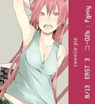  arm_up armpits bad_id bad_pixiv_id bangs bare_shoulders breasts cleavage collarbone grey_tank_top hand_behind_head long_hair looking_at_viewer medium_breasts megurine_luka open_mouth pink_eyes pink_hair round_teeth solo tank_top teeth upper_body upper_teeth very_long_hair vocaloid yoshito 