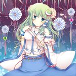  bad_id bad_pixiv_id blush detached_sleeves flower frog gohei green_eyes green_hair hair_flower hair_ornament kochiya_sanae long_hair long_sleeves midriff navel night ribbon sanotsuki shirt skirt sky snake solo star_(sky) touhou wrist_ribbon wristband 