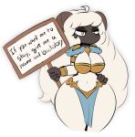 2024 4_fingers anthro armwear big_breasts black_body black_fur blue_bottomwear blue_clothing blue_loincloth bottomwear bovid breasts caprine clothed clothing english_text female fingers front_view fur hair half-closed_eyes hand_on_hip hi_res holding_object holding_sign huge_thighs loincloth mammal miso_souperstar narrowed_eyes orange_eyes sheep sign simple_background skimpy solo text thick_thighs topwear white_background white_hair wide_hips wool_(fur) yellow_armwear yellow_bottomwear yellow_clothing yellow_topwear