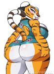 anthro asian_clothing big_breasts big_butt bodily_fluids breasts butt chinese_clothing chinese_dress clothing dreamworks dress east_asian_clothing eyelashes felid female hi_res holding_butt huge_breasts huge_butt kung_fu_panda lips lollipopcon looking_at_viewer mammal master_tigress pantherine simple_background solo striped_body stripes sweat thick_lips thick_thighs tiger white_background