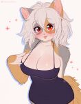 anthro arcanis_(hahaluckyme) big_breasts blep breasts calico_cat clothed clothing domestic_cat felid feline felis female fur grey_body grey_fur hair hi_res looking_at_viewer mammal red_eyes signature simple_background solo strawbee_fox tongue tongue_out white_background white_body white_fur white_hair yellow_body yellow_fur