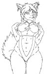 absurd_res anthro breasts canid canine clothing digital_media_(artwork) ear_piercing female fennec fluffy fluffy_tail fox fur hi_res jewelry line_art lingerie looking_at_viewer mammal necklace nipples piercing simple_background smile solo standing tail white_background yanka yanka_bean