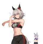  2girls abs animal_ears bare_shoulders black_hairband black_sports_bra bow closed_eyes commentary cowboy_shot cross-body_stretch crossed_arms curren_chan_(umamusume) ear_bow ear_covers ear_ornament fukuro_(maruaru00) genderswap genderswap_(mtf) grey_hair groin hair_between_eyes hairband highres horse_ears horse_girl horse_tail kurofune_(racehorse) light_brown_hair looking_at_viewer multiple_girls navel one_eye_closed original personification purple_eyes red_bow short_hair simple_background smile smug sports_bra tail toned umamusume v-shaped_eyebrows visible_air white_background 