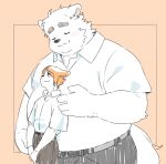 2024 anthro belly blush bottomwear canid canine canis clothing domestic_dog duo eyes_closed hi_res humanoid_hands inunoshippo kemono male mammal overweight overweight_male pants shirt simple_background size_difference topwear