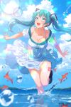  1girl :d absurdres alternate_breast_size artist_name asami-chan blue_eyes blue_hair blush breasts cloud collarbone day dress fish floating_hair hair_ornament hatsune_miku highres large_breasts leg_tattoo leg_up long_hair looking_up number_tattoo ocean open_mouth outdoors outstretched_arms outstretched_hand short_dress short_sleeves smile solo standing standing_on_one_leg sundress sunlight tattoo thigh_gap twintails twitter_logo vocaloid wading watermark white_dress 