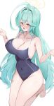  1girl @_@ absurdres abydos_high_school_swimsuit ahoge bandaid bare_arms bare_legs bare_shoulders barefoot black_one-piece_swimsuit blue_archive blush breasts cleavage collarbone covered_navel green_hair hair_between_eyes halo highres kuroshiro_kanae large_breasts long_hair one-piece_swimsuit open_mouth school_swimsuit simple_background solo swimsuit toes white_background yellow_eyes yellow_halo yume_(blue_archive) 