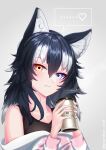  1girl animal_ears black_hair blue_eyes blush breasts cup fang grey_wolf_(kemono_friends) heterochromia highres holding holding_cup kemono_friends kemono_friends_3 long_hair long_sleeves looking_at_viewer multicolored_hair nijiiro_(graynbow_wolf) pajamas smile solo striped_clothes striped_pajamas tail tank_top two-tone_hair white_hair wolf_ears wolf_girl wolf_tail yellow_eyes 