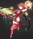  1girl absurdres aegis_sword_(xenoblade) armor bare_arms breasts core_crystal_(xenoblade) covered_navel drop_earrings earrings eilier_project fingerless_gloves fire full_body gloves highres holding holding_weapon impossible_clothes jewelry large_breasts pyra_(xenoblade) pyrokinesis red_eyes red_hair red_shorts red_thighhighs serious short_hair short_shorts shorts shoulder_armor solo swept_bangs sword thighhighs tiara weapon xenoblade_chronicles_(series) xenoblade_chronicles_2 