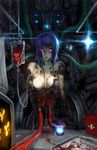  android blood breasts broken bullet_hole first_aid_kit ghost_in_the_shell glowing glowing_eyes guro hector_enrique_sevilla_lujan highres kusanagi_motoko large_breasts nipples open_mouth purple_eyes purple_hair signature solo tears torn_clothes transfusion 