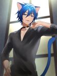  1boy animal_ears black_choker black_shirt blue_eyes blue_hair blue_nails cat_boy cat_ears cat_tail choker collared_shirt fangs guilty_(module) hair_between_eyes hand_on_own_hip kaito_(vocaloid) kikuchi_mataha light_particles light_rays looking_at_viewer male_focus nail_polish parted_lips project_diva_(series) shirt short_hair solo tail tongue tongue_out upper_body vocaloid window 