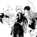  1girl 2boys akanbe angry armor bandaged_arm bandages boots clenched_hands dress eyelid_pull genshin_impact greyscale hair_between_eyes halo hand_on_own_hip japanese_armor japanese_clothes kaedehara_kazuha komejirushi_com leaf_print monochrome multiple_boys paimon_(genshin_impact) ponytail puff_of_air scaramouche_(genshin_impact) scarf simple_background single_thighhigh tassel thighhighs tongue tongue_out vision_(genshin_impact) wanderer_(genshin_impact) 