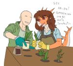 2024 5_fingers anon_(snoot_game) anthro aquilops bald breasts brown_hair clothing dialogue digital_drawing_(artwork) digital_media_(artwork) dinosaur duo english_text female fingers gardening gloves goodbye_volcano_high hair handwear horn human jacket light-skinned_male light_body light_skin long_tail male mammal multicolored_body multicolored_scales open_mouth open_smile orange_body orange_scales plant prometheuzone red_eyes reptile rosa_(gvh) scales scalie simple_background smile snoot_game spiked_tail spikes spikes_(anatomy) tail tan_body tan_scales text topwear two_tone_body two_tone_scales white_background
