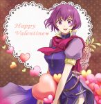  1girl :d dress fire_emblem fire_emblem:_new_mystery_of_the_emblem happy_valentine heart highres holding holding_heart katarina_(fire_emblem) looking_at_viewer mizss open_mouth puffy_short_sleeves puffy_sleeves purple_dress purple_eyes purple_hair purple_shorts scarf short_hair short_sleeves shorts shorts_under_dress smile solo teeth upper_teeth_only 