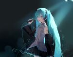  1girl absurdres aqua_eyes aqua_hair aqua_necktie black_skirt collared_shirt commentary cowboy_shot detached_sleeves grey_shirt hand_up hatsune_miku headphones highres holding holding_microphone long_hair long_sleeves microphone music musical_note necktie number_tattoo open_mouth pleated_skirt pye_(uzkv3777) shirt singing skirt sleeveless sleeveless_shirt solo symbol-only_commentary tattoo twintails very_long_hair vocaloid 