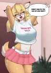 absurd_res anthro belt big_breasts bottomwear breasts clothed clothing deer eyewear female fur glasses hair hi_res mammal markings midriff navel nikowhith shirt simple_background solo spots spotted_body spotted_fur standing tail tan_body tan_fur text topwear white_body white_fur