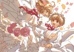  1boy 1girl antenna_hair brown_eyes brown_hair cardcaptor_sakura couple dress flower green_eyes hair_flower hair_ornament hetero highres kinomoto_sakura li_syaoran looking_at_another neck_ribbon open_mouth qige ribbon rose smile suit white_dress white_suit 