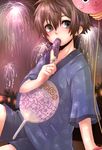  balloon brown_hair chocolate_banana copyright_request emu_(trigger) fan fireworks highres male_focus paper_fan sexually_suggestive sitting solo uchiwa 