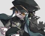  1girl agent_3_(splatoon) black_cape black_headwear cape closed_mouth commentary_request green_hair hat headphones highres inkling_girl inkling_player_character long_hair military_hat simple_background sitting solo splatoon_(series) tentacle_hair torn_cape torn_clothes white_background yellow_eyes yksb_inc6 