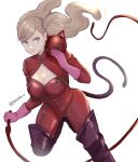  1girl ass blonde_hair blue_eyes bodysuit boots breasts cat_mask cleavage closed_mouth commentary_request elbow_gloves fake_tail full-length_zipper gloves holding holding_mask holding_whip large_breasts long_hair mask panther_tail parted_lips persona persona_5 pink_gloves pppppknw purple_footwear red_bodysuit red_mask shrug_(clothing) smile solo standing standing_on_one_leg tail takamaki_anne thigh_boots twintails twitter_username white_background zipper 