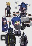  &gt;_&lt; 1boy 3girls @_@ anger_vein animal_ear_fluff animal_ears arknights arms_up black_footwear black_gloves black_jacket black_pants black_shirt black_shorts black_socks blue_hair blue_pants blue_shirt boots breathing_fire cat_ears closed_eyes commentary_request cross-laced_footwear dobermann_(arknights) drone fang fire firing gas_mask gloves green_eyes grey_background grey_footwear grey_jacket grey_jumpsuit gun hands_on_own_head highres holding holding_gun holding_sword holding_weapon jacket jessica_(arknights) jumpsuit lace-up_boots mask mlynar_(arknights) mudrock_(arknights) multicolored_hair multiple_girls newspaper open_clothes open_jacket open_mouth originium_slug_(arknights) pants ponytail purple_hair shirt shoes short_eyebrows shorts simple_background smoke smoking_gun socks sword takenuco tears thick_eyebrows trembling two-tone_hair v-shaped_eyebrows wavy_mouth weapon 