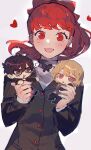  1girl 2boys absurdres akechi_gorou amamiya_ren black_eyes black_hair bow brown_hair hair_bow heart highres holding jacket long_hair long_sleeves mini_person miniboy multiple_boys open_mouth ovowovov persona persona_5 persona_5_the_royal ponytail red_bow red_eyes red_hair school_uniform shuujin_academy_school_uniform simple_background yoshizawa_kasumi 