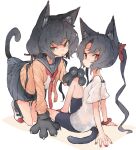  2girls all_fours animal_ear_fluff animal_ears animal_hands ankle_socks black_hair black_sailor_collar black_serafuku black_shorts black_skirt black_socks bracelet bright_pupils cardigan cat_ears cat_girl cat_tail claws closed_mouth full_body gloves green_eyes hand_on_another&#039;s_knee hand_up jewelry kasa_(hitori_sanka) knees_up lifted_by_tail long_hair long_sleeves looking_at_viewer looking_back low_twintails multiple_girls necktie open_cardigan open_clothes open_mouth orange_sweater original paw_gloves pleated_skirt red_eyes red_nails red_necktie sailor_collar school_uniform see-through see-through_shirt serafuku shirt short_sleeves shorts simple_background sitting skirt socks sweater t-shirt tail tail_raised tongue tongue_out twintails two_side_up white_background white_footwear white_pupils white_shirt 