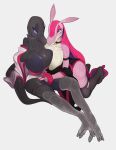 anthro big_breasts bombeebus breasts clothed clothing duo female generation_7_pokemon hi_res lovander nintendo pal_(species) palworld pink_body pocketpair pokemon pokemon_(species) salazzle scalie simple_background white_background