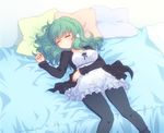  alternate_costume bed blush breasts casual closed_eyes contemporary curly_hair dress green_hair hair_ornament hair_tubes kochiya_sanae lying medium_breasts miruki on_back pants pillow sleeping solo touhou 