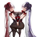  2girls absurdly_long_hair absurdres ass azur_lane black_footwear blue_eyes bodystocking breast_press breasts chao_ho_(azur_lane) chao_ho_(frolicking_flowers_verse_ii)_(azur_lane) chinese_commentary cleavage detached_sleeves double_bun from_side hair_bun high_heels highres large_breasts leg_up long_hair looking_at_viewer mizhi-jiang_lao multicolored_hair multiple_girls official_alternate_costume pantyhose purple_eyes purple_hair red_hair see-through see-through_cleavage shoes siblings sisters split-color_hair standing standing_on_one_leg symmetrical_docking thighband_pantyhose very_long_hair white_hair ying_swei_(azur_lane) ying_swei_(frolicking_flowers_verse_i)_(azur_lane) 