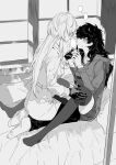  2girls akechi_gorou amamiya_ren bed black_gloves black_hair blush coat facing_another from_side full_body genderswap genderswap_(mtf) gloves greyscale hand_on_another&#039;s_knee highres holding_hands hood hoodie kiyoshi_st knees_up long_hair looking_at_another messy_hair monochrome multiple_girls on_bed pants persona persona_5 persona_5_the_royal pleated_skirt seiza sitting skirt socks thighhighs window yuri 