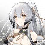  1girl alternate_costume azur_lane bare_shoulders black_hair blush breasts cleavage closed_mouth collar eyeliner flower frilled_collar frills gradient_hair grey_hair hai_tien_(azur_lane) hair_between_eyes hair_flower hair_ornament heart long_hair looking_at_viewer makeup medium_breasts multicolored_hair one_side_up red_eyeliner signature smile solo upper_body vilor white_flower white_hair yellow_eyes 