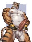 amon-sydonai anthro balls biceps big_pecs big_penis bodily_fluids clothing epic_games felid fingerless_gloves fortnite genital_fluids genitals gloves handwear hi_res humanoid_genitalia humanoid_penis licking licking_lips looking_at_viewer looking_down looking_down_at_viewer low-angle_view male mammal musclegut muscular muscular_anthro muscular_male nude oscar_(fortnite) pantherine pecs penis precum solo stripes tiger tongue tongue_out vein veiny_penis