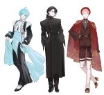  3boys ahoge belt beret black_gloves black_hair black_pants blue_hair boots buckle cape chain choker collar collared_shirt ensemble_stars! expressionless flats frilled_collar frilled_sleeves frills gloves green_eyes hand_on_own_hip hands_in_pockets hat high_heel_boots high_heels itsuki_shu korean_commentary lifted_by_self long_hair long_sleeves looking_at_viewer multiple_boys pants pink_hair ponytail puffy_long_sleeves puffy_sleeves red_cape red_eyes sakuma_rei_(ensemble_stars!) shinkai_kanata shirt short_hair simple_background smile standing standing_on_one_leg thigh_boots white_background wide_sleeves yongsil 