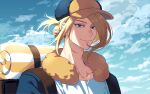  1boy backpack bag blonde_hair blue_sky closed_mouth cloud elica_dayo grey_eyes hair_bun hair_over_one_eye hat highres looking_at_viewer male_focus pokemon pokemon_legends:_arceus sky smile solo sunlight upper_body volo_(pokemon) wind wind_lift 