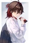  1boy alternate_costume backpack bag brown_eyes brown_hair candy chocolate chocolate_bar food gaming_(genshin_impact) genshin_impact hair_between_eyes highres jira_(0116) jira_dv long_sleeves looking_at_viewer male_focus multicolored_hair open_mouth red_hair shirt solo white_shirt 